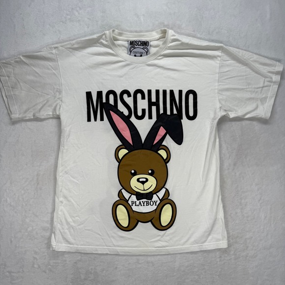 Moschino Playboy Bear Graphic‎ Tee Designer T-Shirt Cotton White Large - Picture 1 of 7